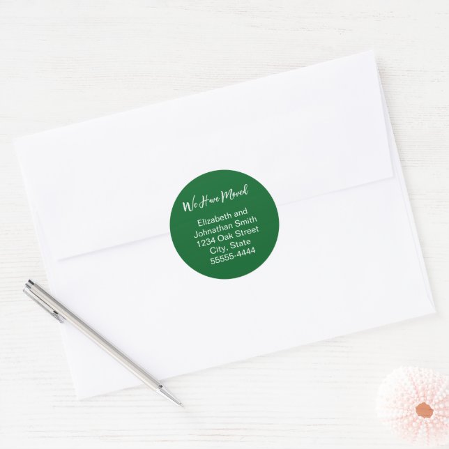 We Have Moved Script Green Moving Announcement Classic Round Sticker (Envelope)