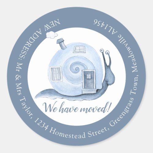 We have moved snail house blue change of address classic round sticker
