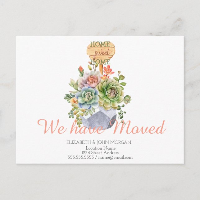 We Have Moved,Succulents,Home Sweet Home Announcement Postcard (Front)