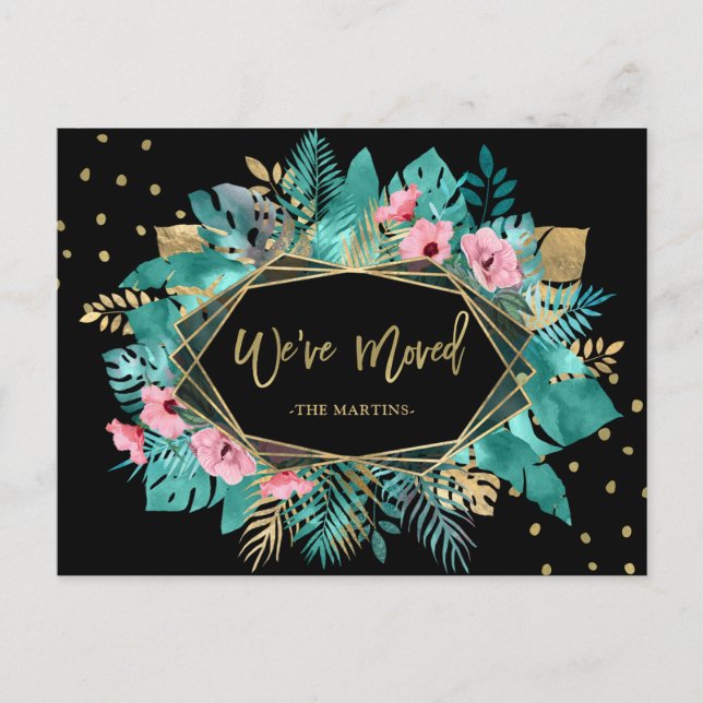 We Have Moved | Tropical Gold Leaves Moving Postcard (Front)