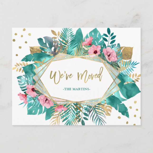 We Have Moved | Tropical Gold Leaves on White Postcard (Front)
