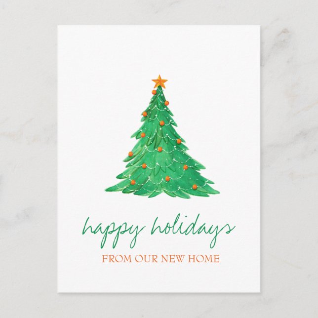 We Have Moved,Watercolor Christmas Tree Holiday Announcement Postcard (Front)