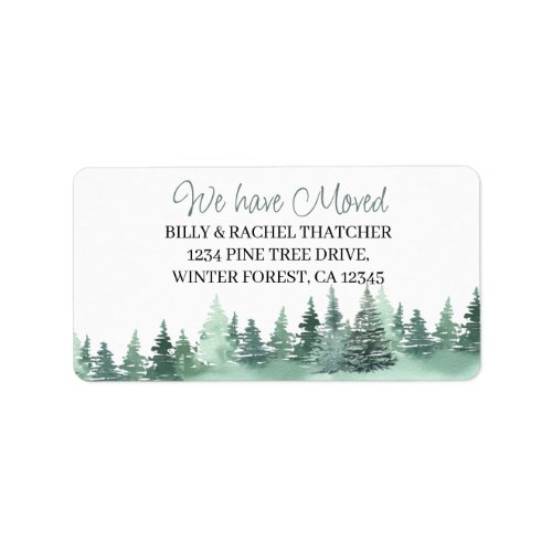 We have Moved Watercolor Green Winter Pine Forest Label