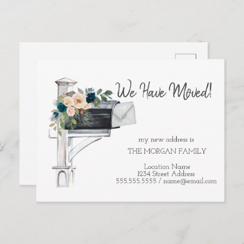 We Have MovedWatercolor Mailbox Blue Flowers Announcement Postcard