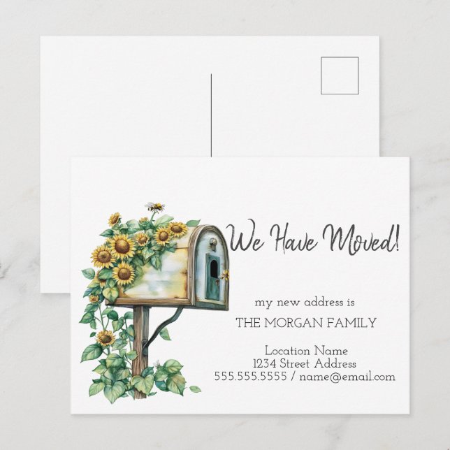 We Have Moved,Watercolor Mailbox  Sunflowers Announcement Postcard (Front/Back)