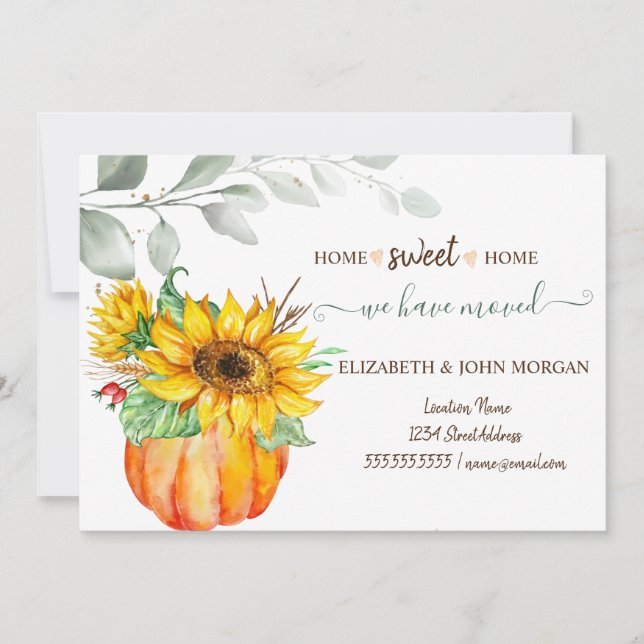 We Have Moved,Watercolor Pumpkin,Leaves,Sunflowers (Front)