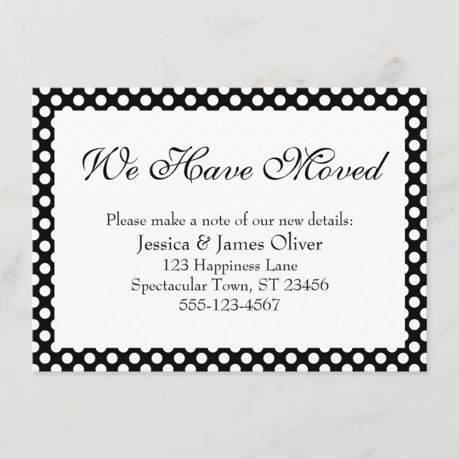 We Have Moved with Black and White Polka Dots Enclosure Card (Front)