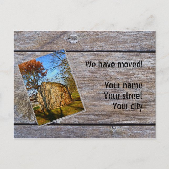 We have moved (Wooden Hut) Announcement Postcard (Front)