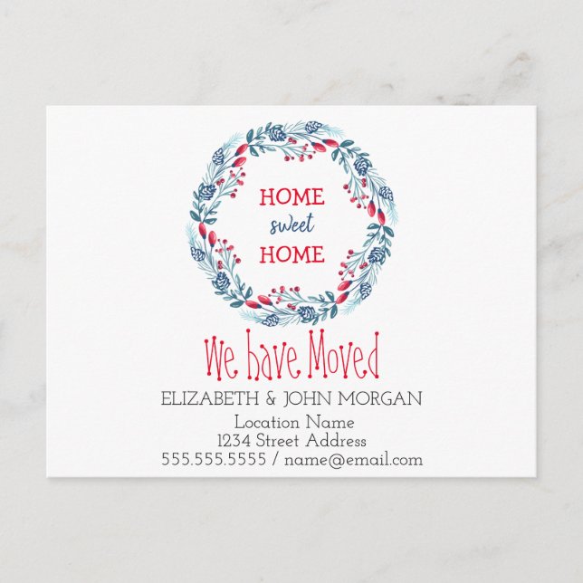 We Have Moved,Wreath,Home Sweet Home Announcement Postcard (Front)