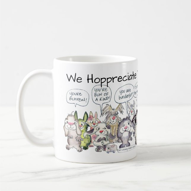 We Hoppreciate You 19 Cartoon Rabbits Coffee Mug (Left)