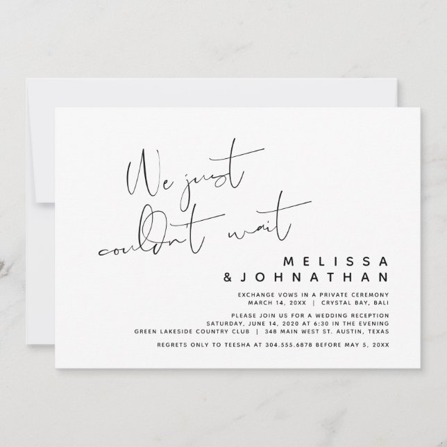 We just couldn't wait, Modern Wedding Elopement Invitation (Front)