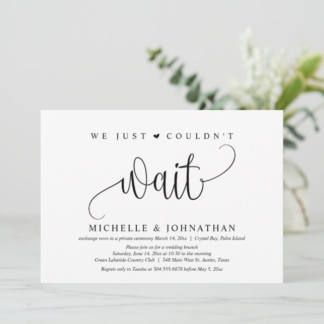 We just couldn't wait, Wedding Elopement Party Invitation (Standing Front)