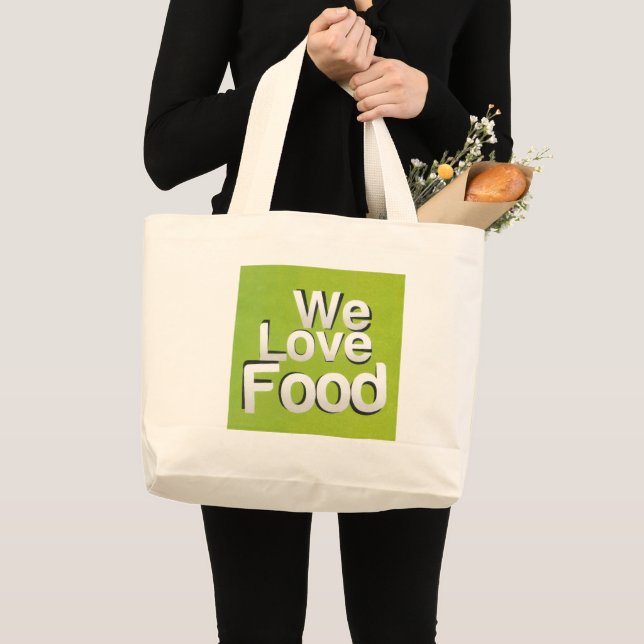 We Love Food: Hate Waste | Green & White Aesthetic Large Tote Bag (Front (Product))