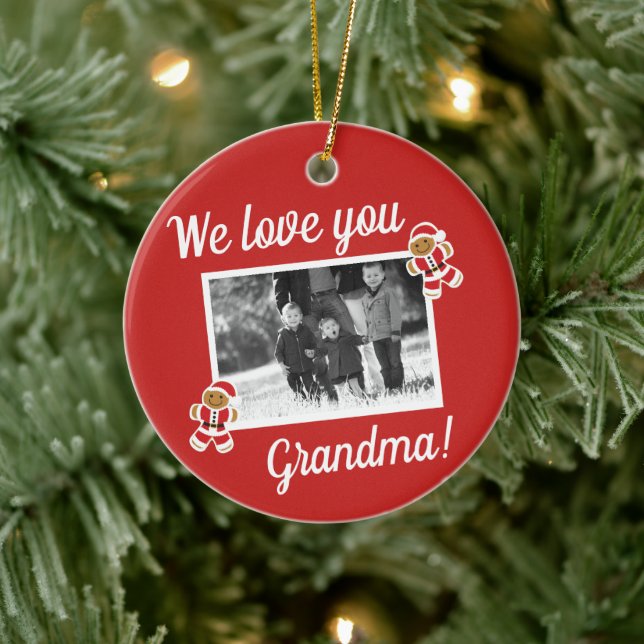 We love Grandma Gingerbread Red Photo Christmas Ceramic Ornament (Tree)