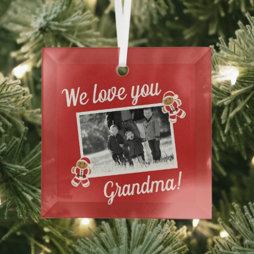 We love Grandma Gingerbread Red Photo Christmas Glass Ornament