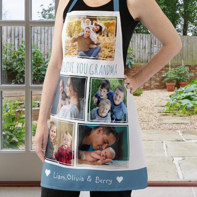 We Love Grandma Grandkids 5 Photo Blue And White Apron (We Love Grandma Grandkids 5 Photo Blue And White Apron)