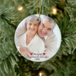 We Love Grandma & Grandpa 2 Photo Christmas Ceramic Ornament<br><div class="desc">Celebrate your grandparents with this beautiful double-sided holiday ornament featuring a front and backside photo and 3 lines of custom text. The words "We Love" are surrounded by 2 red hearts. Perfect for grandma, grandpa, mom, dad or anyone special in your life. Makes a timeless keepsake gift that will be...</div>