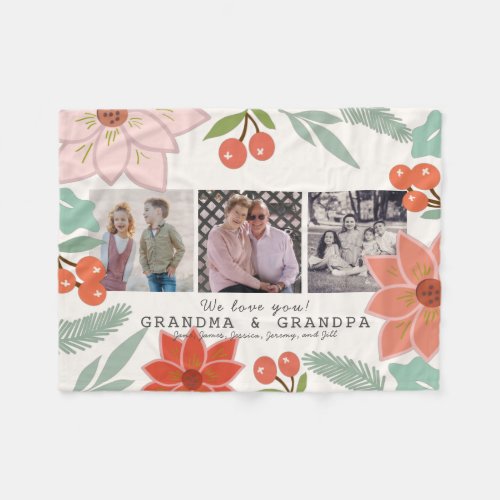 We Love Grandma  Grandpa Floral Cream White Photo Fleece Blanket