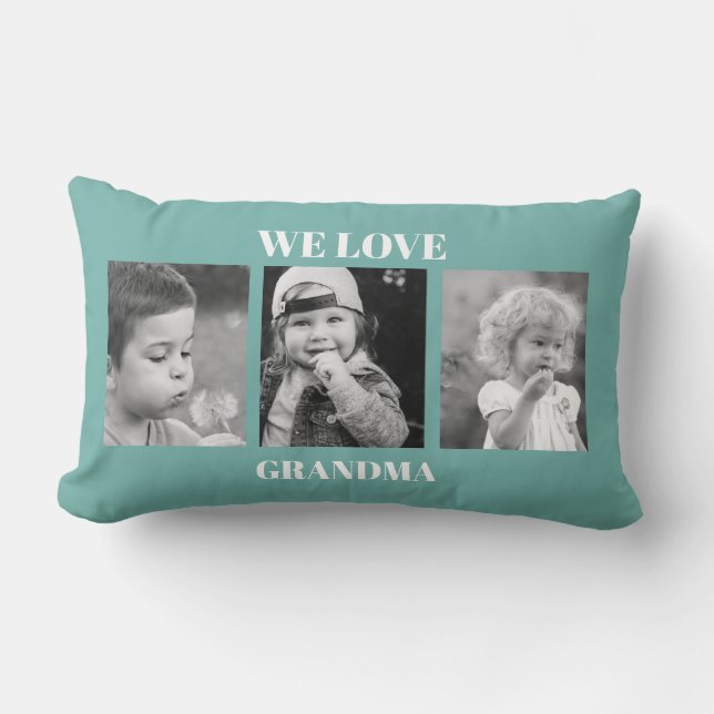 We Love Grandma Photo Collage Turquoise Lumbar Pillow (Front)