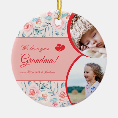 We Love Grandma Pink Floral Kid Photo Christmas Ceramic Ornament