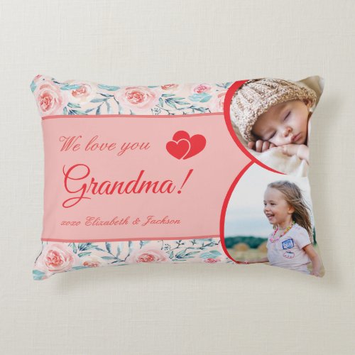 We Love Grandma Pink Floral Valentines Day Photo Accent Pillow