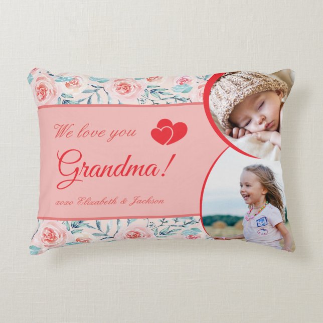 We Love Grandma Pink Floral Valentine's Day Photo Accent Pillow (Front)