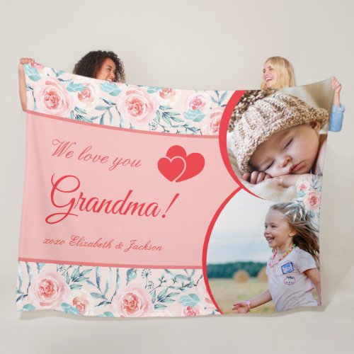 We Love Grandma Pink Floral Valentines Day Photo Fleece Blanket