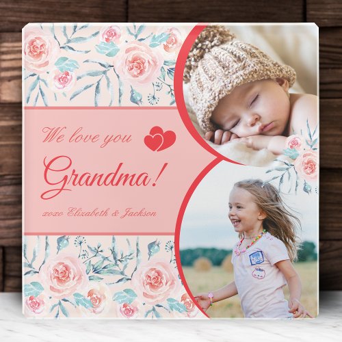 We Love Grandma Pink Floral Valentines Day Photo Glass Coaster