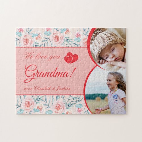 We Love Grandma Pink Floral Valentines Day Photo Jigsaw Puzzle