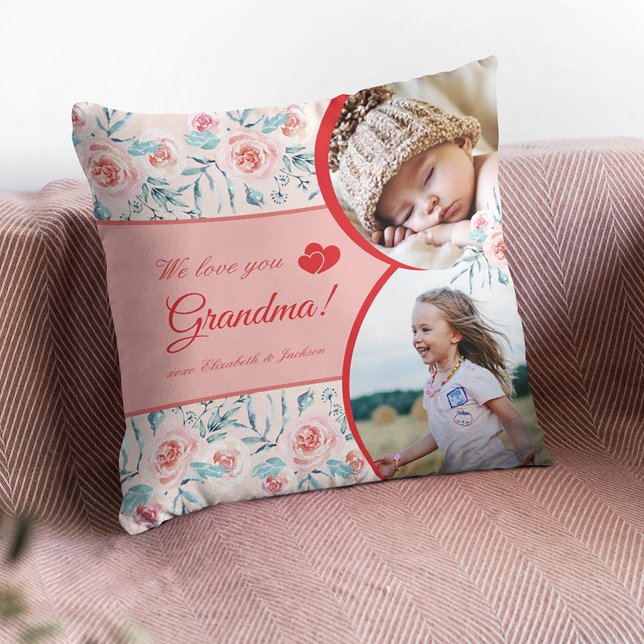 We Love Grandma Pink Floral Valentine's Day Photo Throw Pillow (Creator Uploaded)
