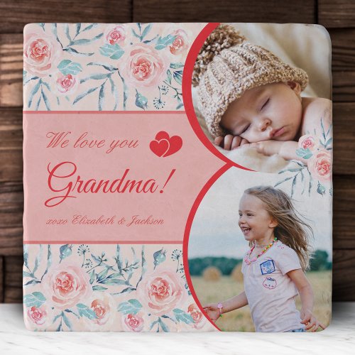 We Love Grandma Pink Floral Valentines Day Photo Trivet