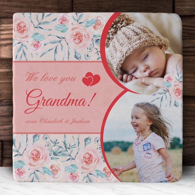 We Love Grandma Pink Floral Valentine's Day Photo Trivet (Creator Uploaded)