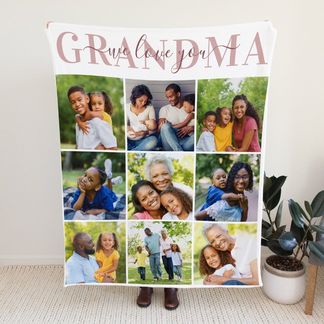 We Love Grandma Pink Mothers Day Photo Collage Fleece Blanket (Creator Uploaded)