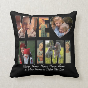 We Love Heart MIMI Add Photos Names Text on Black Throw Pillow
