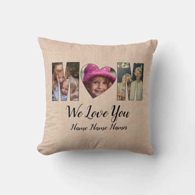 We Love Heart Mom Add Photos Names Text Throw Pill Throw Pillow (Front)