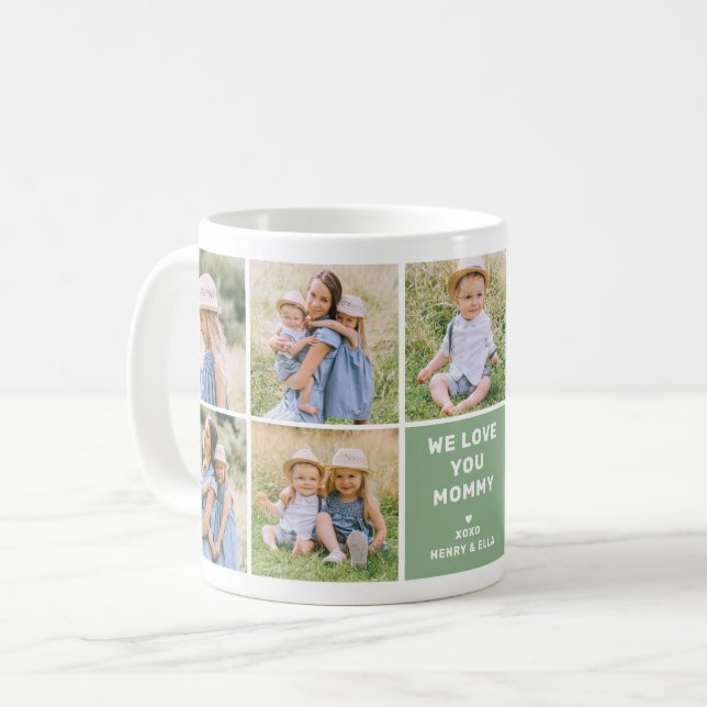 We Love Mommy Modern Green Photo Collage Coffee Mug (Front Left)