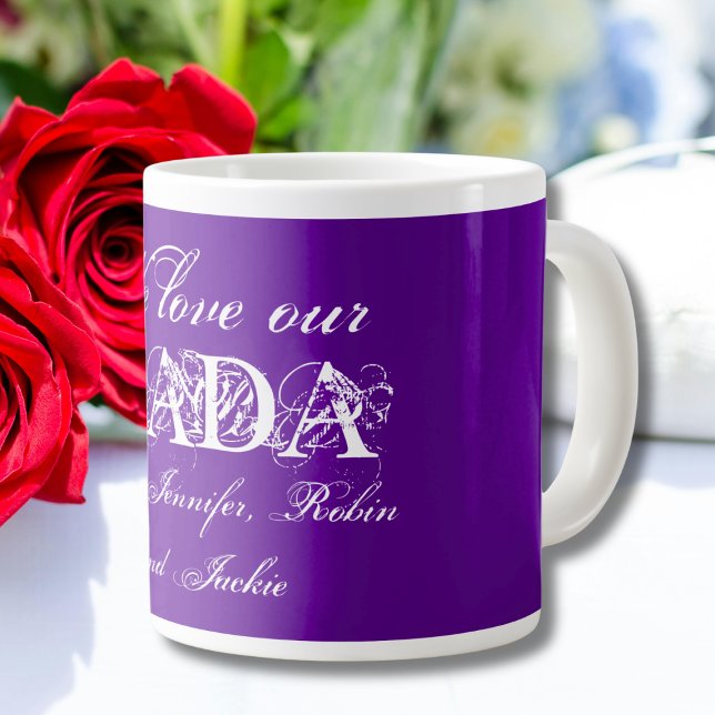 We Love our Dada Cute Personalized Purple & White Giant Coffee Mug ("We Love our Dada" Cute Personalized Purple and White Giant Coffee Mug.)
