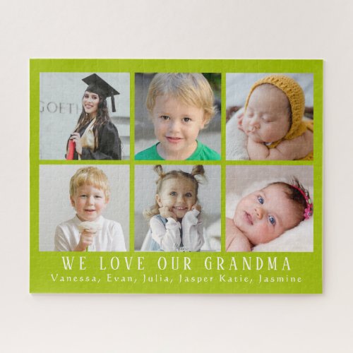 We Love Our Grandma Grandkid Photo Collage Green Jigsaw Puzzle