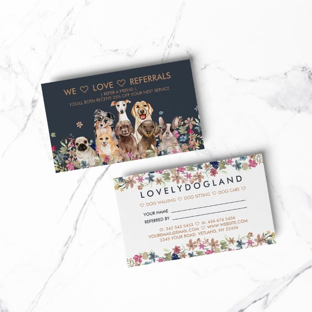We Love Referrals Floral Dog Print Business Card (pet animal dog cat veterinary farm)