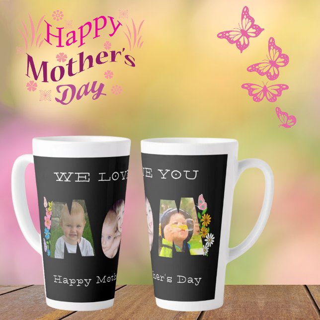 We Love U Mom! Mother's Day Butterfly Photo-Name Latte Mug (Creator Uploaded)