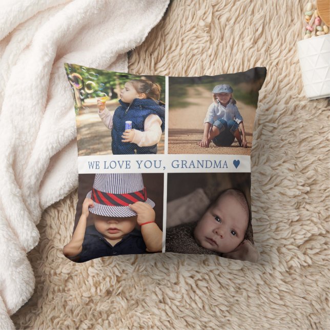 We Love You 4 Photo Collage Personalized Blue Throw Pillow (Blanket)