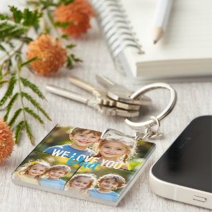 We Love You Dad Photo Collage Blue Yellow Script Keychain
