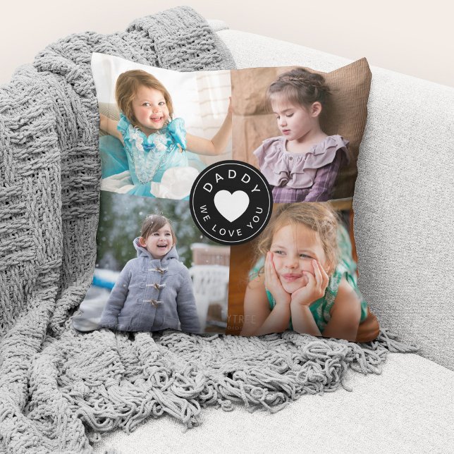 We Love You Daddy Modern Black Heart 4 Photos Throw Pillow (Cute custom photo collage "Daddy We Love You" throw pillow.)