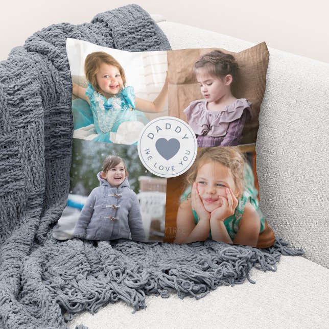 We Love You Daddy Modern Dusty Blue Heart 4 Photos Throw Pillow (Cute custom photo collage "Daddy We Love You" throw pillow.)