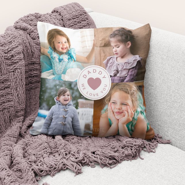 We Love You Daddy Modern Pink Heart 4 Photos Throw Pillow (Cute custom photo collage "Daddy We Love You" throw pillow.)