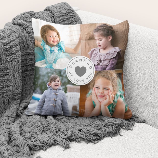 We Love You Grandad / Cute 4 Photo Collage Throw Pillow (Cute custom photo collage "Grandad We Love You" throw pillow.)