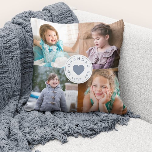 We Love You Grandad Cute Blue Heart Photo Collage Throw Pillow