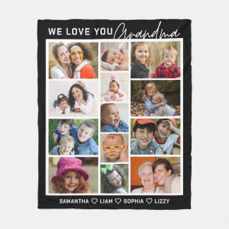 We Love You Grandma 13 Photo Collage Black Fleece Blanket
