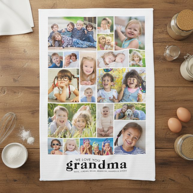 We Love You Grandma 19 Photo Collage Names Modern Kitchen Towel (Creator Uploaded)