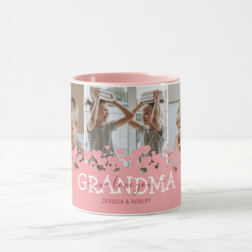 We Love You Grandma 3 Photo Mug - Modern grandmother mug featuring a photo collage of the grandkids, a cute pink heart design, the saying "we love you grandma", and the childrens names.